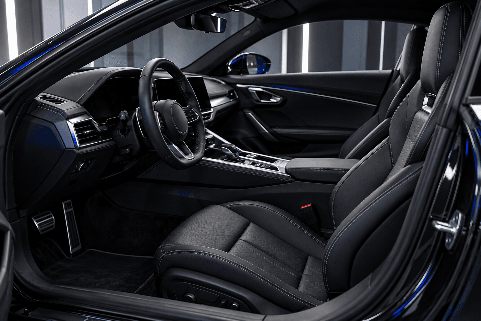 Dark leather cockpit with precise stitched detailing