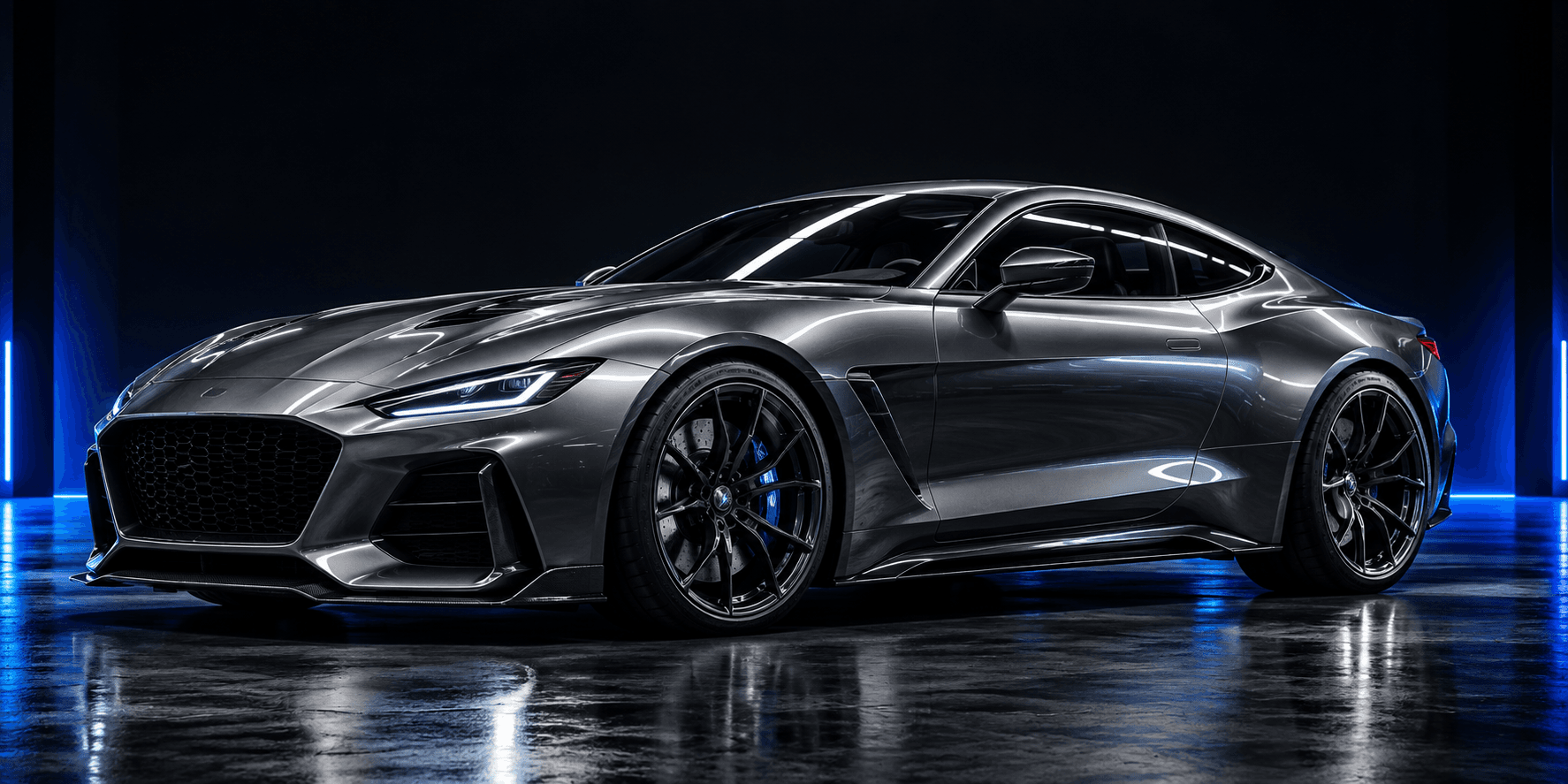 Graphite performance coupe in a dark studio with a narrow cobalt light strip