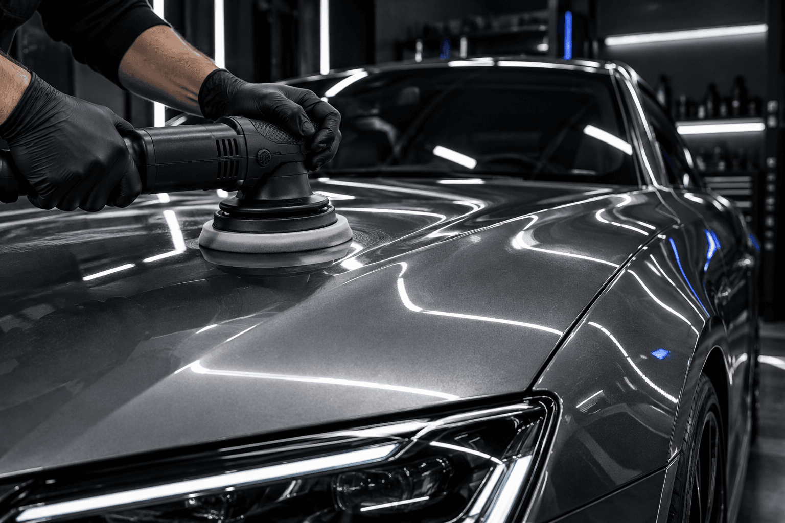Detailer polishing graphite paint under a crisp studio light