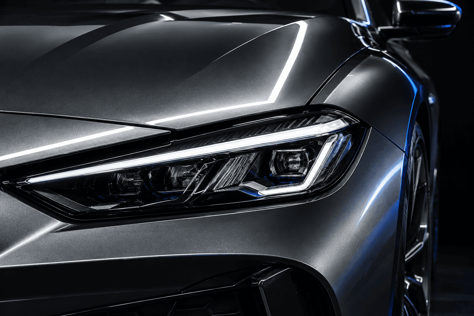 Silver headlight and fender under a cobalt inspection light